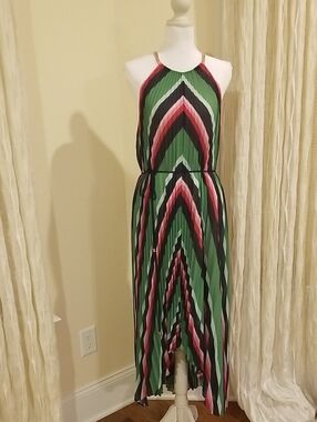 NEW Ted Baker London Designer Pleated Stripe Sharkbite Hem Maxi Dress Size 3